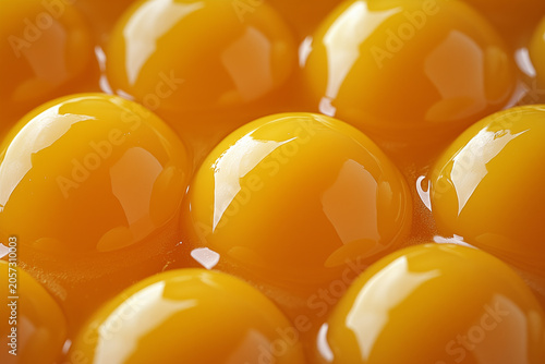 Fresh raw egg yolks macro close-up with glossy golden texture, realistic organic food background, ideal for culinary, nutrition, cooking, organic ingredient, and healthy food concepts.