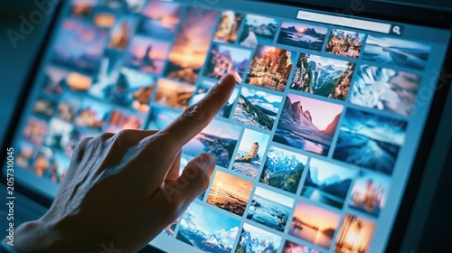 Hand Pointing at Stock Photo Search Screen on Digital Monitor. Concept of digital photography search, online image library and visual content browsing