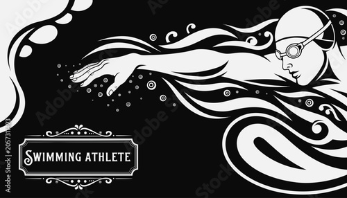 Schilderij op canvas Very beautiful black-and-white engraved vector illustration featuring a SWIMMING