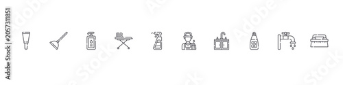 Photos set of 10 thin line cleaning icons such as paint scraper, plunger, liquid soap, iron board, spray, cleaner, sink, dish soap, faucet, brush