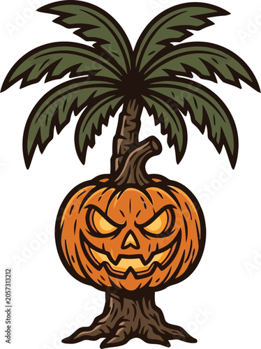 Palm tree featuring a carved pumpkin base creates a surreal tropical holiday concept.