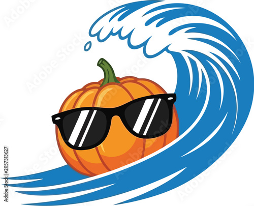 Pumpkin wearing cool sunglasses surfs a giant ocean wave during a summer harvest party.
