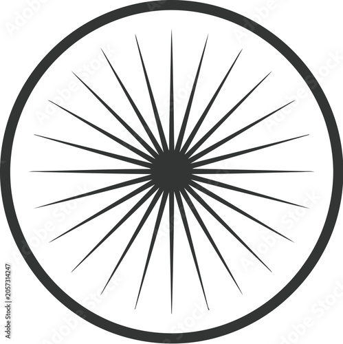 Monochromatic circular emblem features a central sunburst design within a ring.