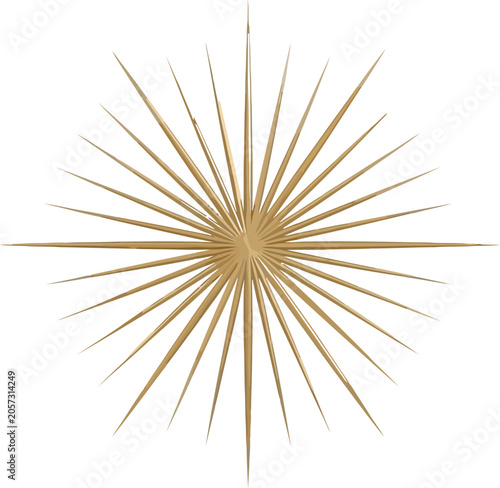 Golden starburst ornament radiates outwards with sharp points on a white background.