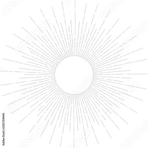 Delicate grey sunburst illustration features a circular center with fine radial lines.