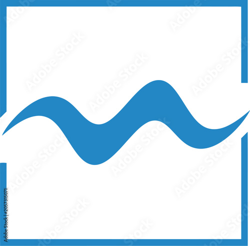 Square frame encloses a simple blue wave graphic representing fluid motion and clean water concepts.