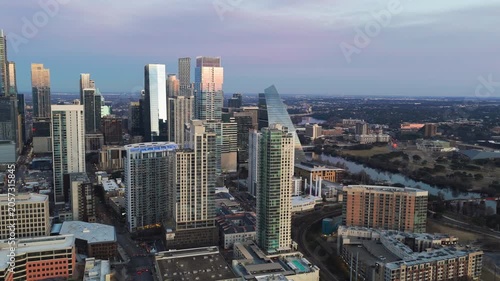 Aerial Austin Skyline Trucking Toward Lady Bird Lake Blue Hour Part 2 of 3