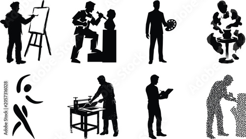 Tableau sur toile Artistic profession silhouettes set featuring painter with easel, sculptor carvi