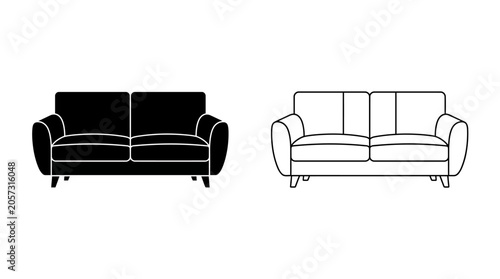 Foto Two seater sofa silhouette and line drawing on a white background