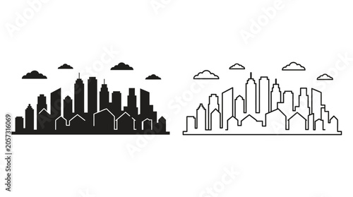 Fotografía City Skyline Silhouette And Outline On White Background