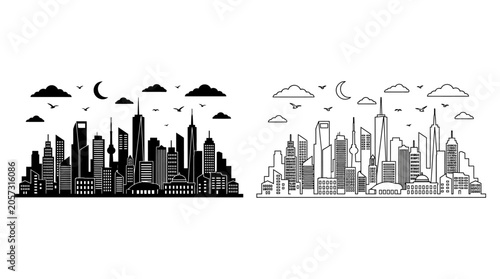 Photos City skyline silhouette with clouds and crescent moon on white background
