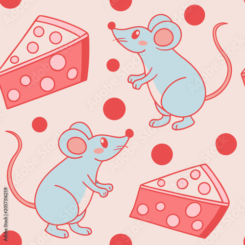 A seamless cartoon pattern of cute blue mice and pieces of cheese with polka dots on a light pink background. Playful nursery style, cheerful animal character design, warm color palette.