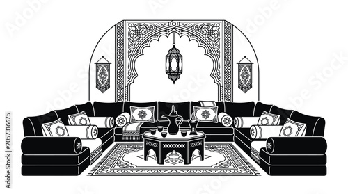 Tableau sur toile Moroccan style seating arrangement black and white vector illustration