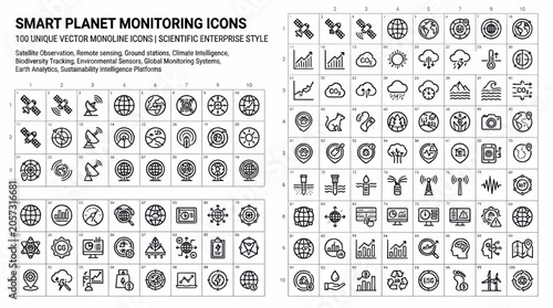 Smart planet monitoring icons with 100 unique vector monoline designs