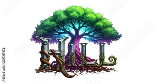 Fantasy-inspired logo featuring the word “Hill” crafted from ancient stone letters entwined with vines and roots beneath a glowing mystical tree. A magical nature-themed emblem combining fantasy RPG.