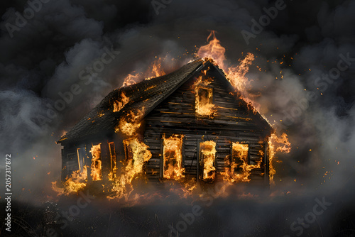 Burning wooden house amidst smoke and flames at night