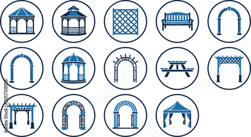 Bild auf Leinwand Set of outdoor landscape icons showing garden furniture gazebo designs and decorative archways for home yards