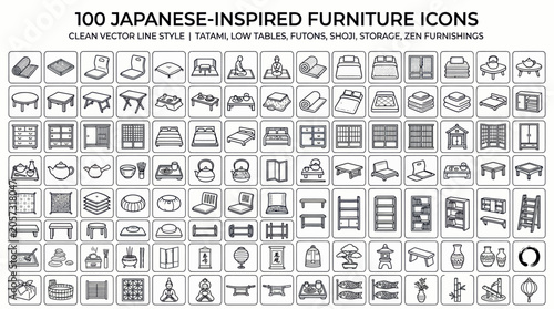 100 japaneseinspired furniture icons in clean vector line style