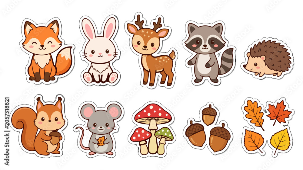 Fototapeta premium Kawaii Woodland Creature Sticker Pack for Nursery Decor, Creative Projects and Children's Nature Activities Vector Collection