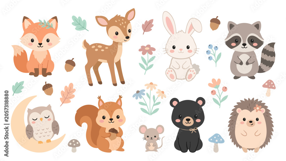 Fototapeta premium Premium Woodland Nursery Animal Collection for Baby Room Decor, Children's Publishing and Educational Design Vector Pack