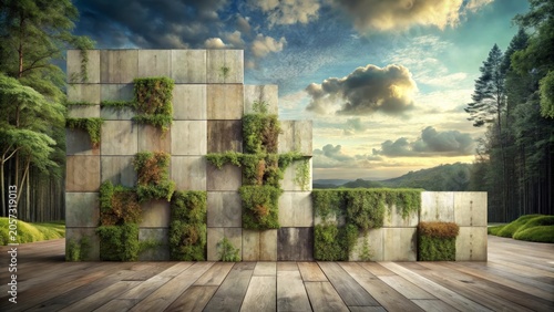 Serene landscape with a textured wall featuring lush green vegetation, a tranquil wooden deck, and a picturesque background of rolling hills and a forest under a scenic sky.