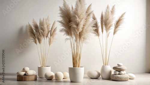 Serene Minimalist Home Decor Featuring Pampas Grass in Elegant White Vessels and Smooth Neutral Stones Arranged on a Wooden Platform