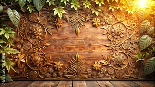 Intricate Wooden Floral Carving with Lush Greenery Accents on a Rich Brown Wooden Background