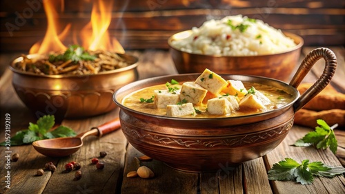 Aromatic Creamy Curry in an Ornate Bowl with Steaming Rice and Spices