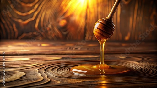 Golden Honey Drizzling onto Rustic Wooden Surface, Creating a Visually Appealing Culinary Scene