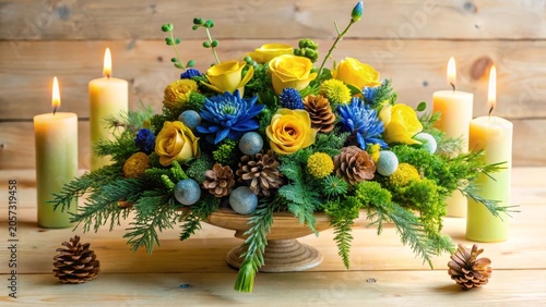 A Festive Centerpiece Featuring Yellow and Blue Blooms, Pine Cones, and Candles