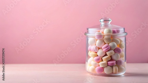 A glass jar filled with pastel-colored round candies sits on a light pink surface against a pale pink background