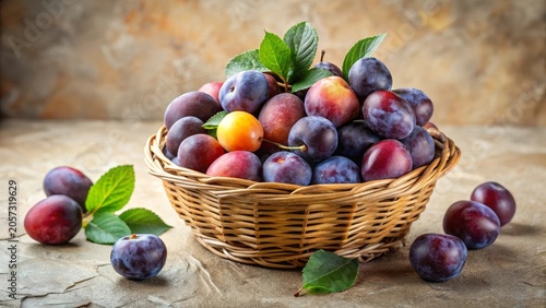 A wicker basket overflowing with a vibrant assortment of freshly picked plums, showcasing a delightful spectrum of colors and textures, nestled amongst lush green leaves on a rustic surface.