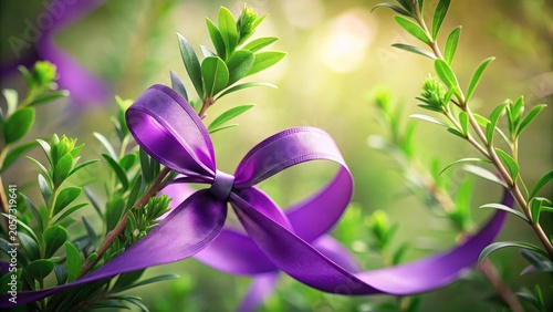 A Purple Ribbon Gracefully Adorns Vibrant Green Springtime Foliage, Symbolizing Renewal and Hope