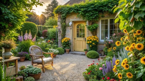 Serene Cottage Garden Patio at Sunset with Vibrant Blooms and Yellow Door