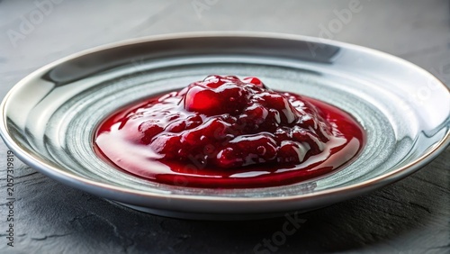 A delectable serving of glistening homemade berry sauce on a stylish plate