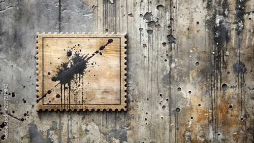 A weathered postage stamp affixed to a decaying wall, exhibiting ink splatters and a distressed texture, evoking a sense of age and forgotten stories.