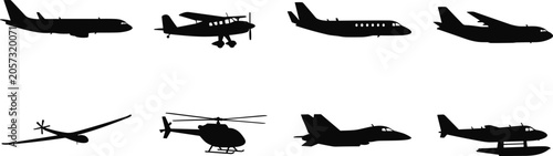 Bild auf Leinwand Silhouettes of diverse aircraft including jet airliner, propeller plane, busines