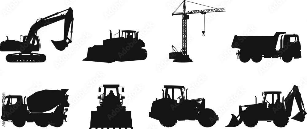 Obraz premium Construction vehicle silhouettes including excavator, bulldozer, crane, dump truck, cement mixer, loader, tractor, and backhoe equipment