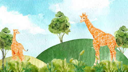 Photography Cute Watercolor Giraffe Family Landscape Background with Mother and Baby Giraffe