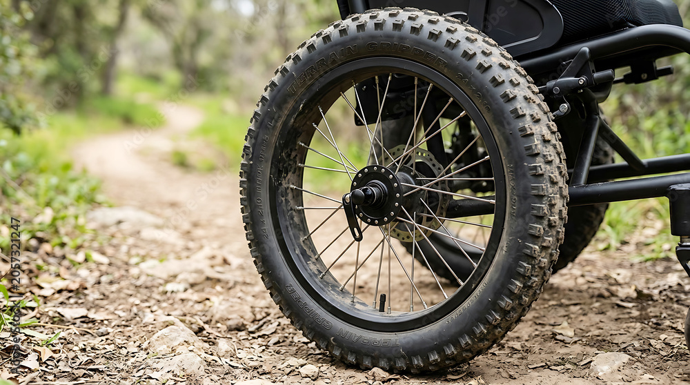 Naklejka premium Offroad wheelchair wheel on a dirt path
