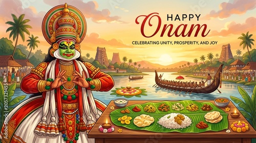 Vibrant onam festival celebration with kathakali dancer and traditional sadhya feast