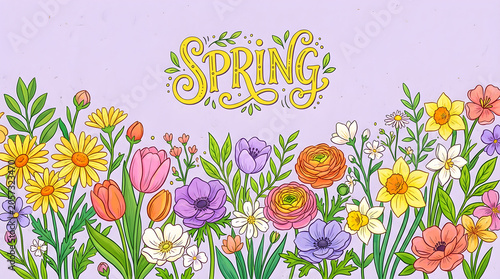 Vibrant spring meadow floral border with hand drawn lettering on purple background.