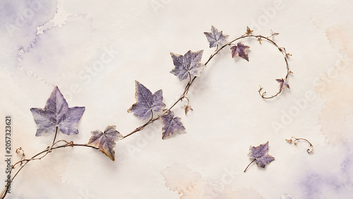 Watercolor painting of a delicate ivy vine with purple leaves on textured paper