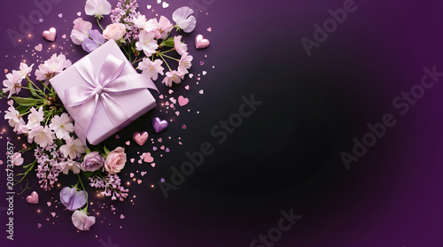 Elegant lavender gift box surrounded by spring flowers and heart-shaped confetti on a dark purple background.