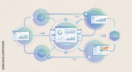 Data analysis and visualization flow chart showing interactive reports and predictive forecasting illustrating business intelligence and strategic planning process with digital dashboards