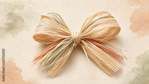 Decorative raffia bow with pastel watercolor texture background
