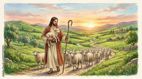 Shepherd carries lamb and leads flock of sheep through green hills under sunset sky near stream