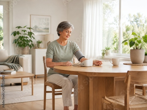 Senior woman measuring blood pressure at home. Illness of elderly people concept. Managing chronic disease and hypertension monitoring