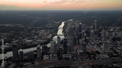 Aerial Dusk View of Downtown Austin Skyline and Lady Bird Lake Part 1 of 3