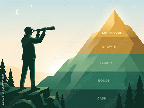 Investor Viewing Layered Investment Pyramid on Mountain Landscape Illustration